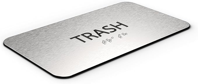 ADA Trash Sign for Business - Office Signs, Aluminum Brushed Silver, Tamper-Proof, Heavy Duty Mounting Tape, Easy Install, Office Décor, ADA Compliant, Grade 2 Braille (7” W x 4” H) ADASigns.org