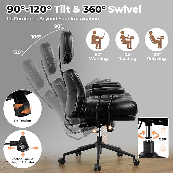 ovios Ergonomic Home Office Chair, Mid-Century Modern Faux Leather Chairs with Thickened Cushions, Comfy High Back Swivel Rolling Executive Computer Armchair (Black, PU Leather)