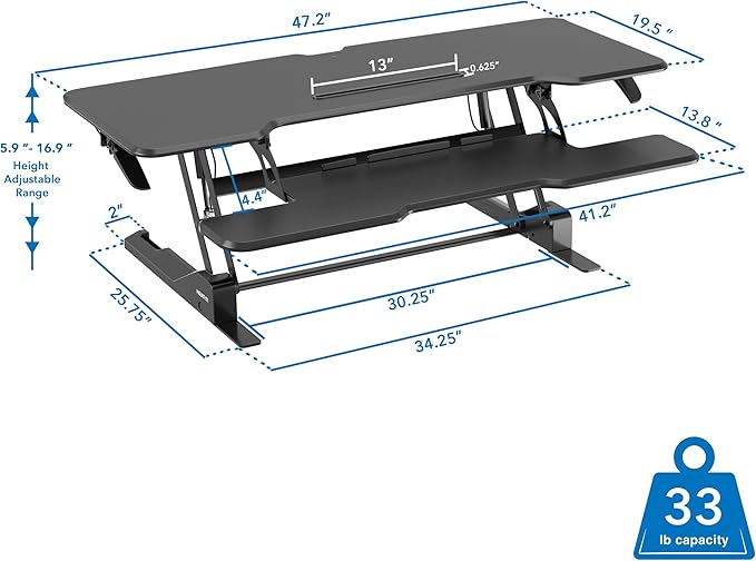 Mount-It! 47" Standing Desk Converter, Large Wide Tabletop Height Adjustable Desk Riser with Gas Spring, Desktop Sit Stand Up Desk with Keyboard Tray Fits 2 Monitors or Monitor and Laptop, Black