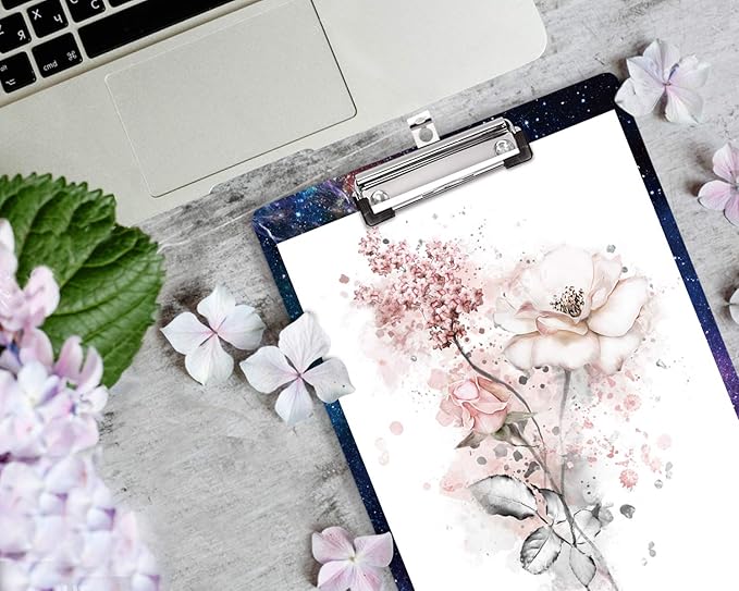 Clipboard Decorative, Clipboard Cute, WAVEYU A4 Letter Size Clip Board Pattern with Low Profile Clip, Retractable Key Hole for Hanging Paperboard for Office School Supplies, Nebula Black (12.5"x9")