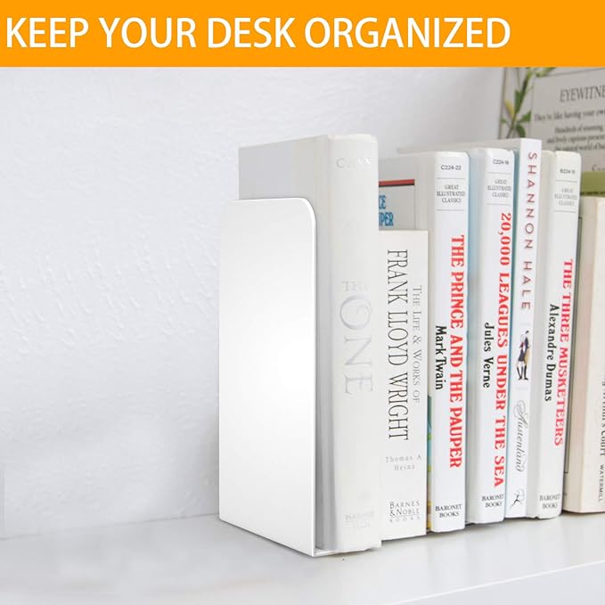 VFINE Bookends 3 Pairs, White Metal Bookends, Book Ends for Shelves, Bookends for Shelves, Desktop Bookend, Book Ends for Heavy Books