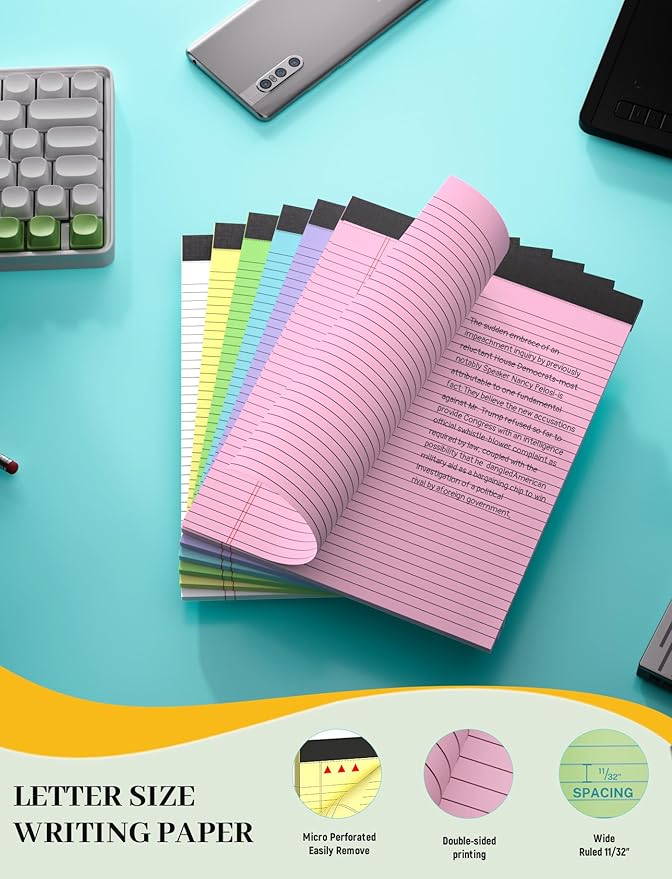Colored Legal Pads, Yellow Legal Pads 8.5 x 11, 48 Pack Note Pads 8.5 x 11 Wide Ruled, Notepads 8.5 x 11 with Sturdy Back, Perforated Writing Paper Pads, Colored Lined Pads for Office, School, Home
