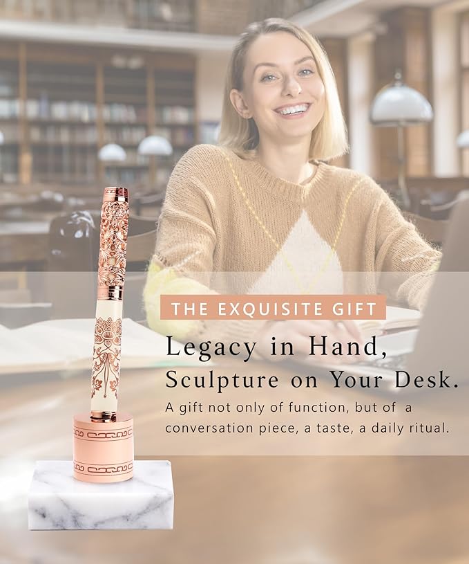 Executive Rollerball Pen Sets With Stand - Museum Art Collections - Crafting Timeless Beauty - Luxury Pen Gift & Office Desk Decor, German SCHMIDT refill, Solid Metal & Marble Texture