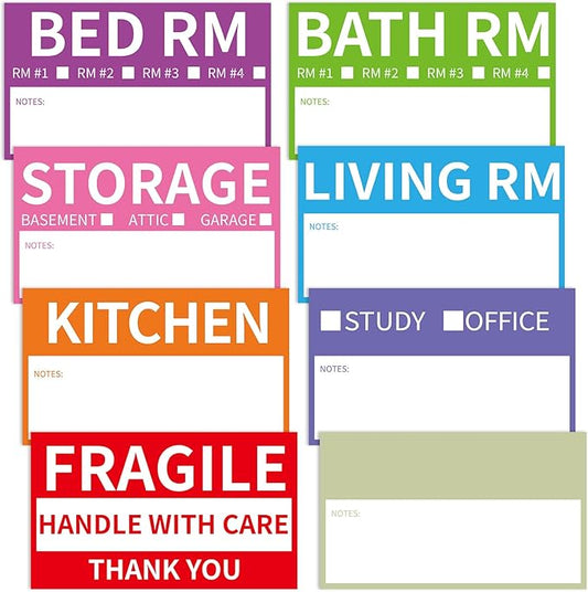 340 Home Moving Labels, 3.4 x 2 inches, 8-Color Coded Packing Box Stickers with Fragile and Blank Customizable Labels