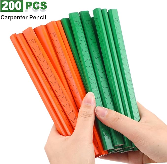 Honoson 200 Pcs Flat Construction Pencils with Printed Ruler Wood Graphite 2 Pcs Carpenter Pencil Sharpener for Woodworking Marking Tool(Green and Orange)
