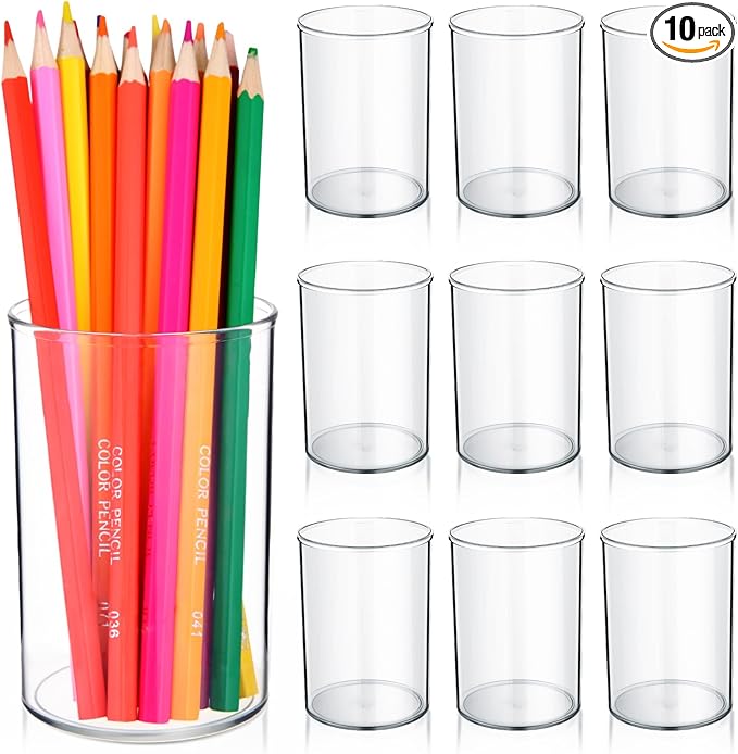 Crtiin 10 Pack Clear Acrylic Pen Holder Makeup Brush Round Pencil Holder for Desk Pen Cups Desk Organizers and Storage Desktop Stationery Organizer for Office School Home Supplies
