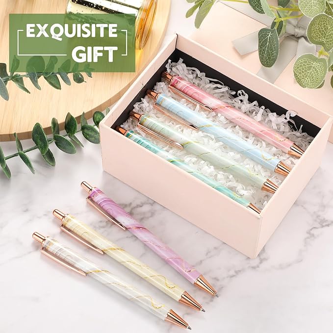 Sherr 7 Pcs Fancy Pens for Women Cute Sparkly Glitter Pens with 10 Pcs Black Ink Refills Pretty Gifts for Girls Office School Christmas Graduation(Colorful,Marble)