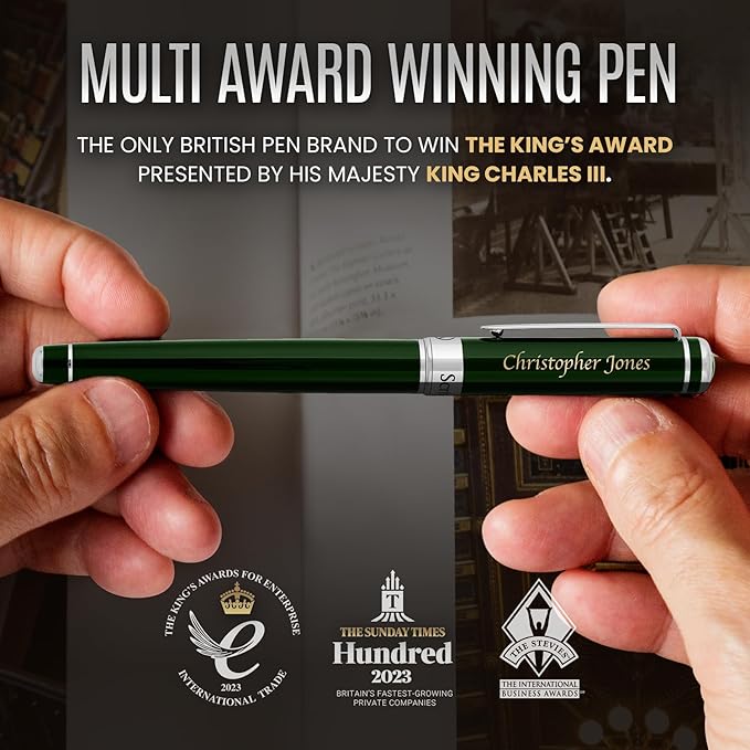 Scriveiner Personalized British Racing Green Pen - Stunning Green Lacquer Luxury Pen with Chrome Finish, Schmidt Ink Refill, Best Engraved Roller Ball Gift Set for Men & Women, Custom Name Engraving