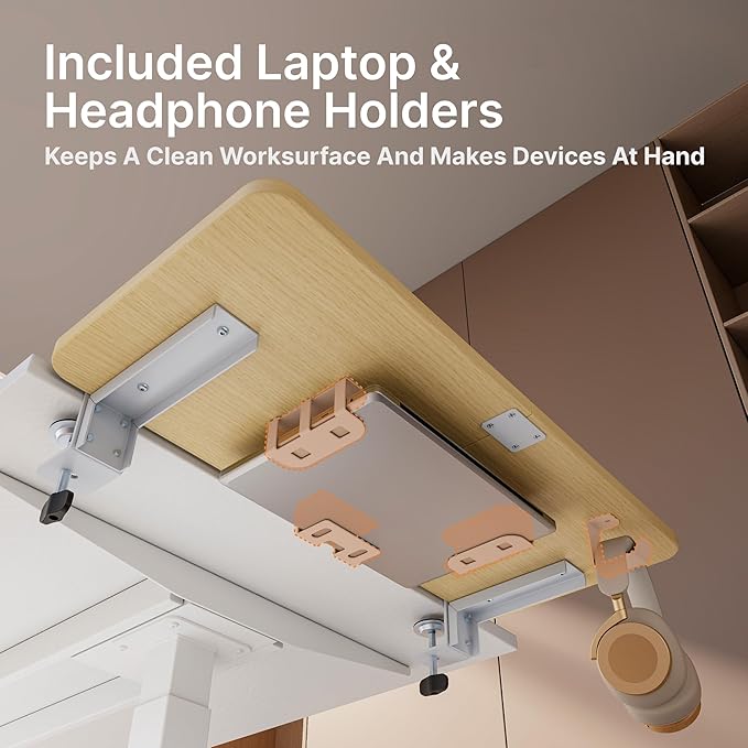 Desk Extender Tray, 28" x 12" Clamp On Desk Shelf, Desk Extension with Laptop Holder, Table Desk Arm Rest, Clamp On Keyboard Tray for Office and Home, Workstation Organizer, Large, Wood