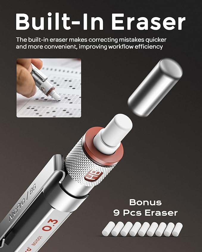 Nicpro Blocky Gear 0.3 mm Mechanical Pencils Set in Case, Metal Pencil with Lead Refills, Eraser for Professional & Adult Art Writing Drafting Drawing