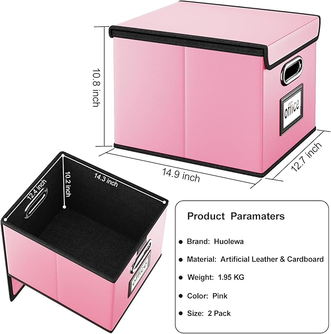 Huolewa Portable Leather File Organizer Storage Boxes, Collapsible File Folder Organizer Boxes with Lids, Document Organizer, Decorative Filing Box Cabinet for Letter/Legal File Folder Storage