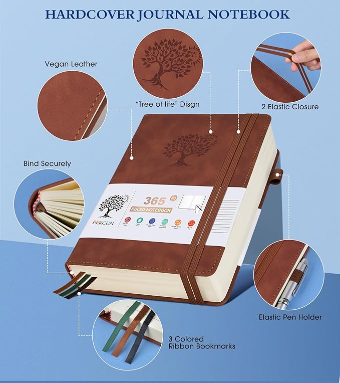 A5 Lined Journal Notebook - 365 Page Leather Journals for Writing Women & Men，Hardcover Notebook with 100Gsm Thick Pages，Daily Diary for Travel, Work，School，Note Taking，College Ruled (5.9" x 8.5")