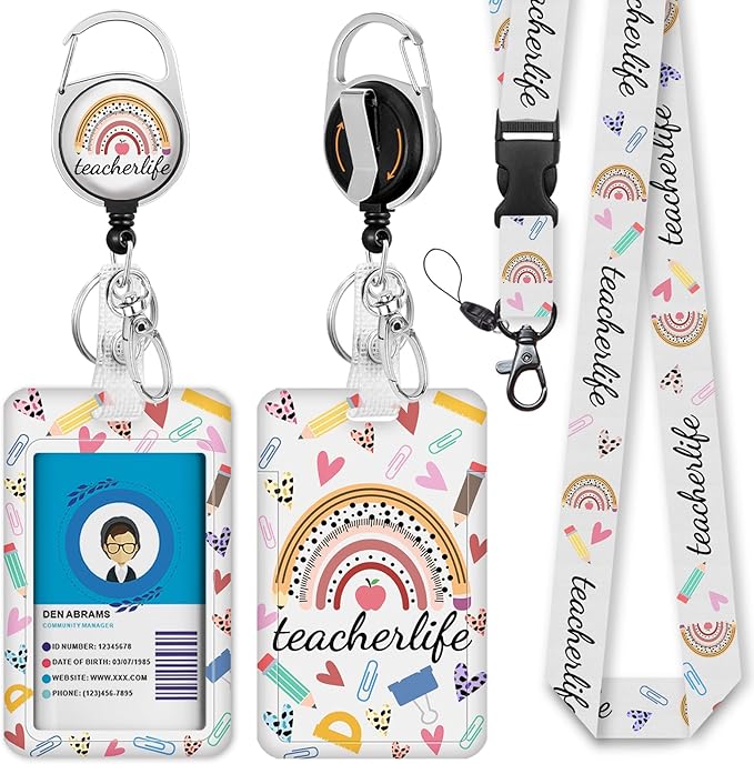 Giancomics Teacher Lanyards for Id Badges, ID Badge Holder with Lanyard Badge Reel Retractable, Rainbow Cute Lanyard with ID Holder Keychain Clip Name Tag ID Card Holder for Women Men Work Office