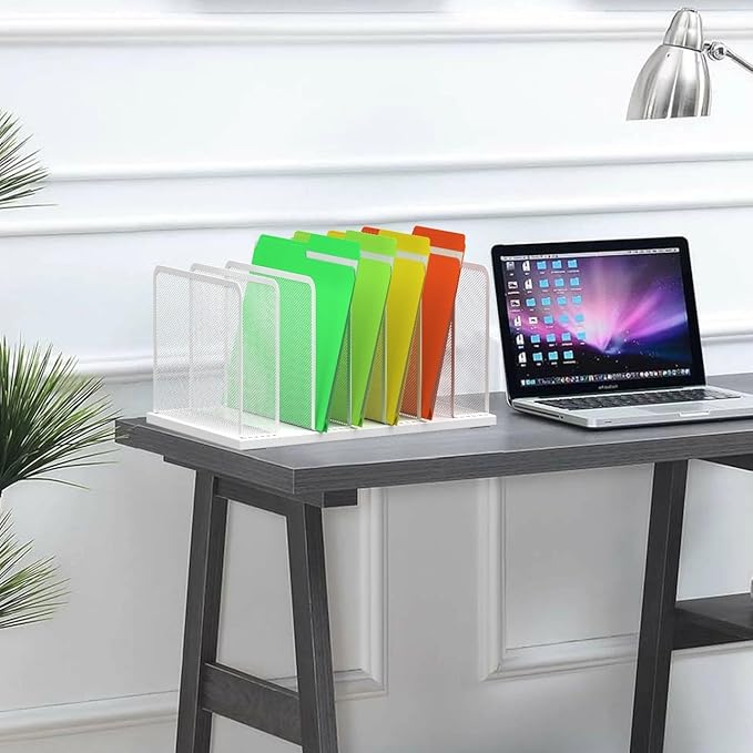 Kuntine.B Desk File Organizer Upright Mesh Desktop Organizer File Sorter Office Organization File Holder for Home, Office & Classroom (White, 1 Pack 7-Section)
