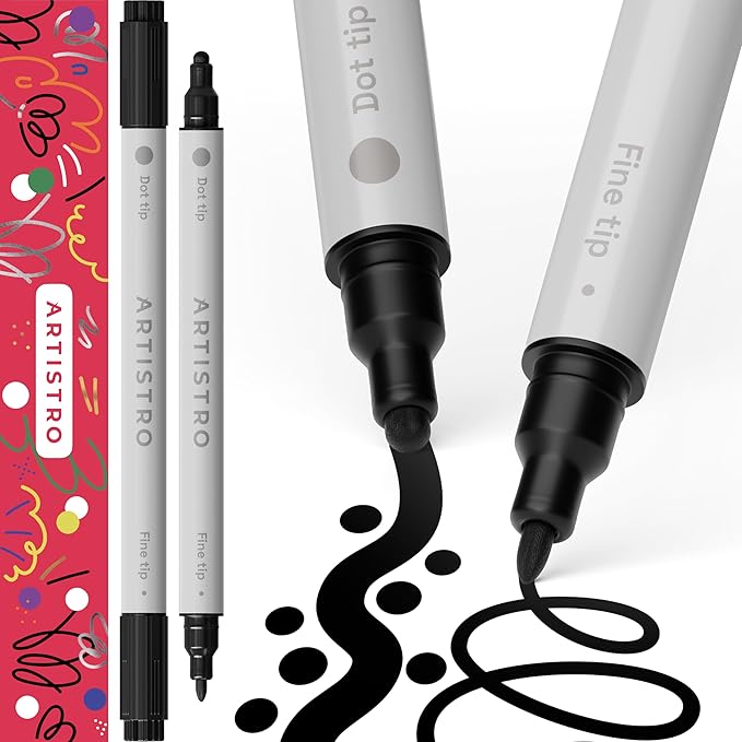 ARTISTRO 2 Black Dual-Tip Acrylic Paint Pens - Multisurface Markers for Fabric, Plastic, & More, 5mm Dot + 1mm Fine Tips