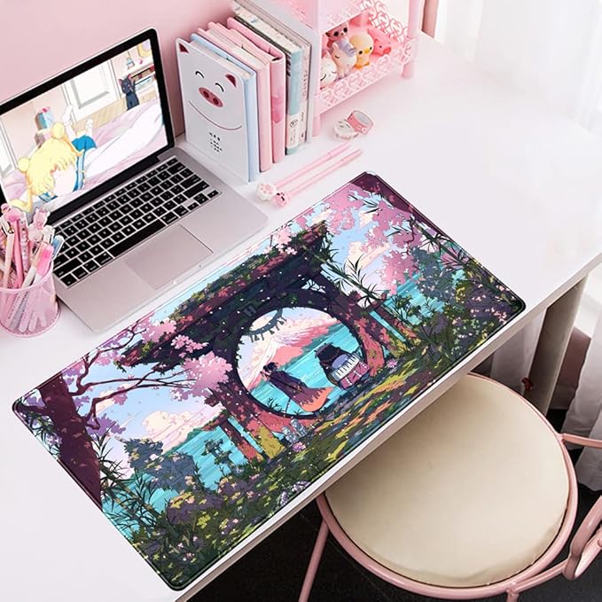 Pink Japan Desk Pad Anime Gaming Green Mouse Pad Large Mouse Pad For Desk Computer Pc Laptop Office Decor For Women, Anime Mouse Keyboard Pad Stitched Edges Non-Slip Rubber Mat Desk Pad (31.5x15.7 In)