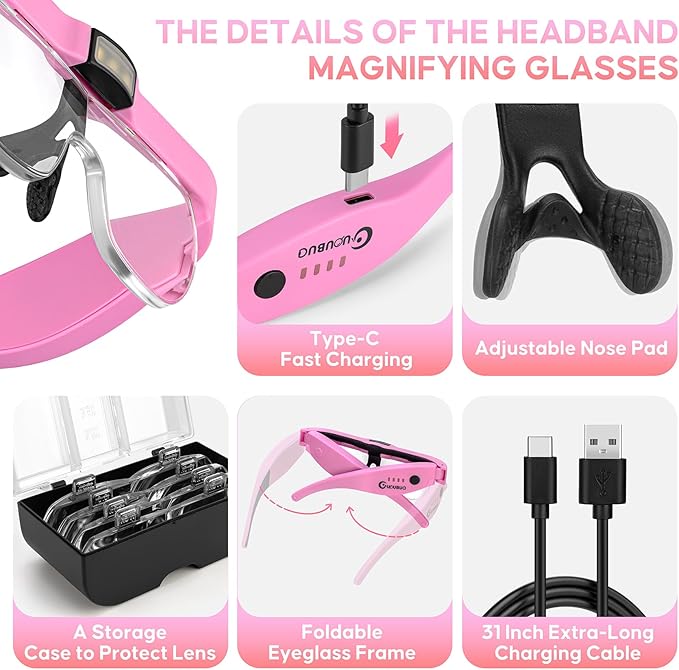 Magnifying Glass with Light, 1.5X-5.0X Magnifying Glasses, Rechargeable Magnifying Headset with Light, Head Magnifier with 4 Detachable Lenses, Magnifying Glasses for Close Work Crafts Jewelry