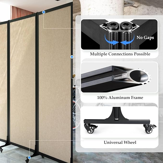 Upgrade Version Room Partition and Divider, Freestanding Rolling Dividers with Wheels,Office Privacy Screen Divider Wall,Classroom Felt Dividers,8'2"L* 6'7"H,4 Panel，Beige