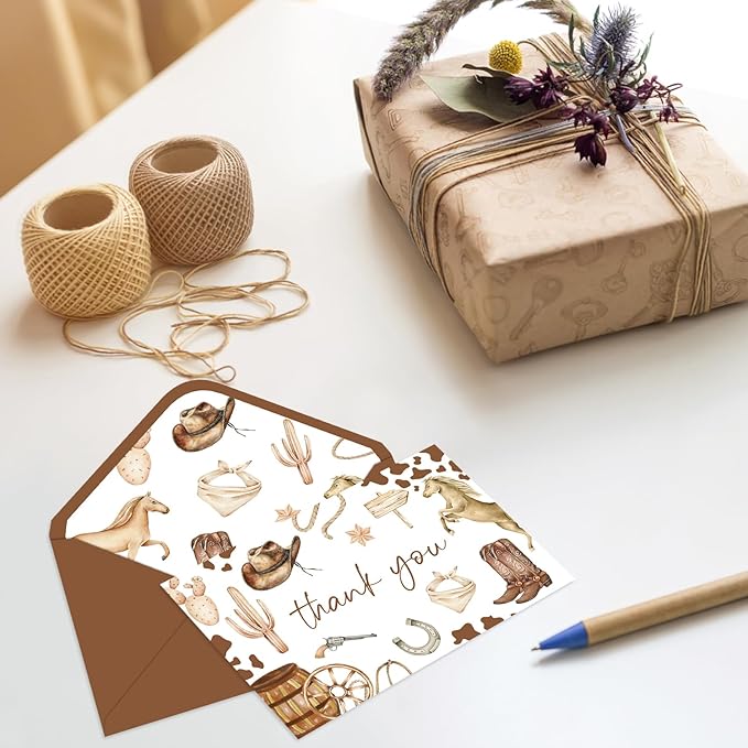 24 Pack Western Cowboy Thank You Cards Brown Cowboy Hat Boots Horse Note Cards with Envelopes Stickers Greeting Blank Cards for Birthday Baby Shower