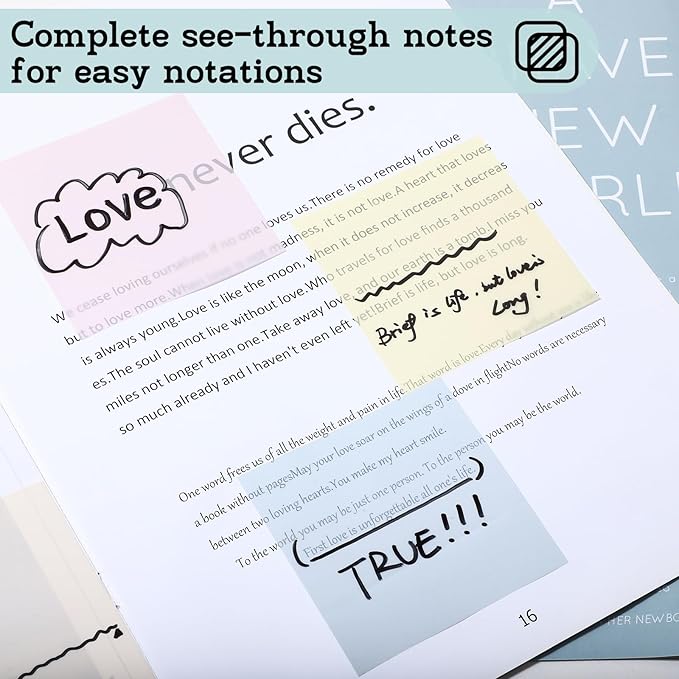 [1000 Sheets] Transparent Sticky Notes, 3x3 inch Pastel Color Clear Sticky Notes, Self-Adhesive Waterproof Translucent Sticky Notes in 7 Vintage Colors for School and Office Supplies, Bible Tabs