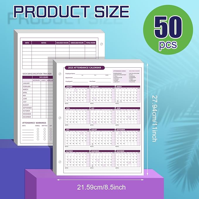 ReliThick 50 PCS 2025 Attendance Calendar Card Stock Paper 2025 Attendance Sheets for 3 Hole Binder Employee Record Folders for Manager, HR, Store Location Managers(Purple)