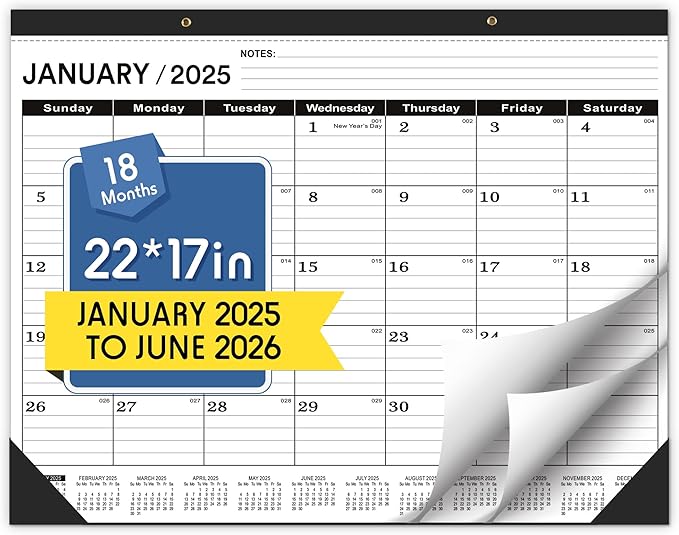 Desk Calendar 2025,January 2025 to June 2026,Large Desk calendar 2025-2026,Desk Calendar 2025-2026 Large 22x17,Classroom 2025 Calendar 22x17" with Round Holes& NOTES List (Black),18 Months Calendar 2025