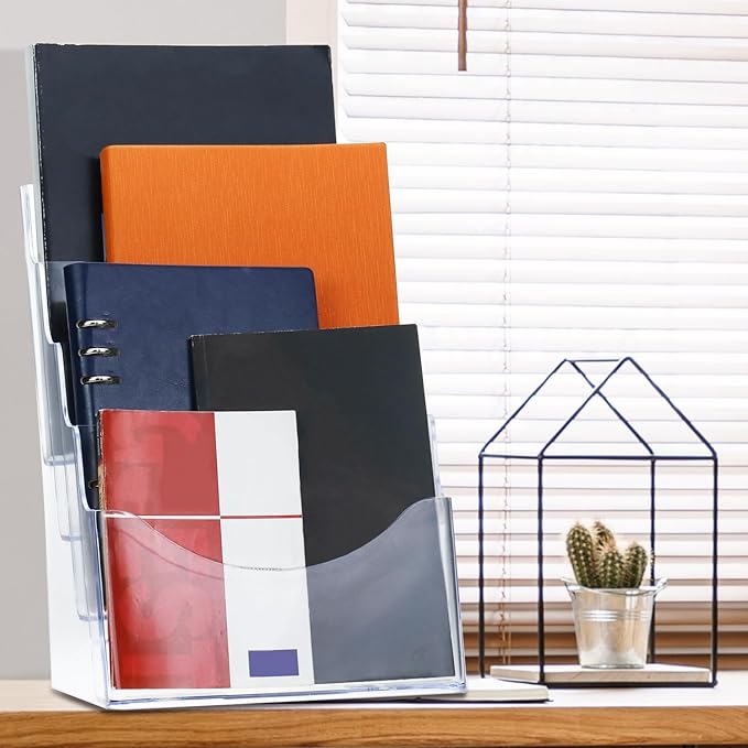 QWORK 2 Pack Acrylic Brochure Holder, 8.5 x 11 inch 4-Tier Literature Pamphlet Flyer Holder, Magazine Booklet Organizer Stand with Removable Divider