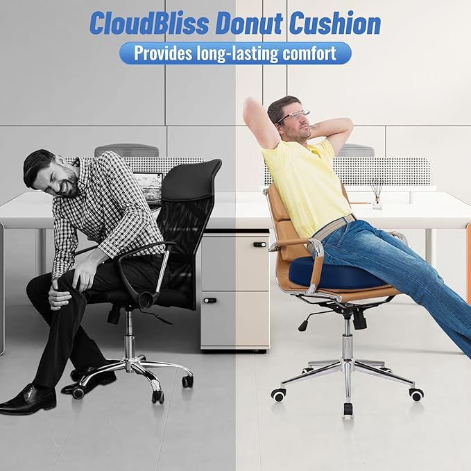 CloudBliss Donut Pillow Seat Cushion for Tailbone Pain Relief and Hemorrhoids, Memory Foam Seat Chair Cushion for Postpartum Pregnancy, Seat Cushions for Men and Women for Home & Office, (Blue-XL)