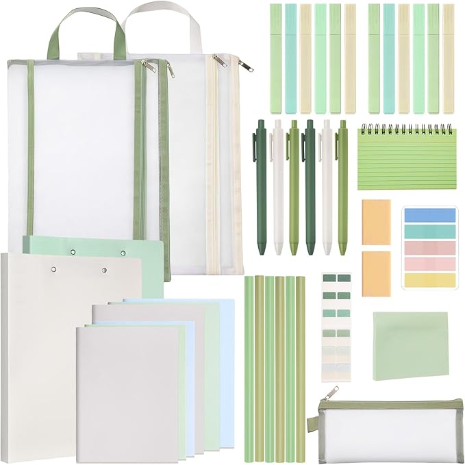 Colarr 54 Pieces Aesthetic School Supplies Including Pastel Highlighters Document Bags Pencils Notebooks Pencil Pouch Ink Pens Sticky Notes Erasers Back to School Gift Stationary Kit(Green)