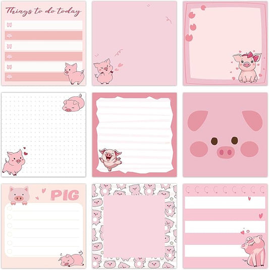 9 Pads Cute Sticky Notes Cartoon Animal Self Stick Notepads 3x3 Inches Notes Adhesive Memo Pad Office Decor Gifts for Students School Office Meeting(Piggy)