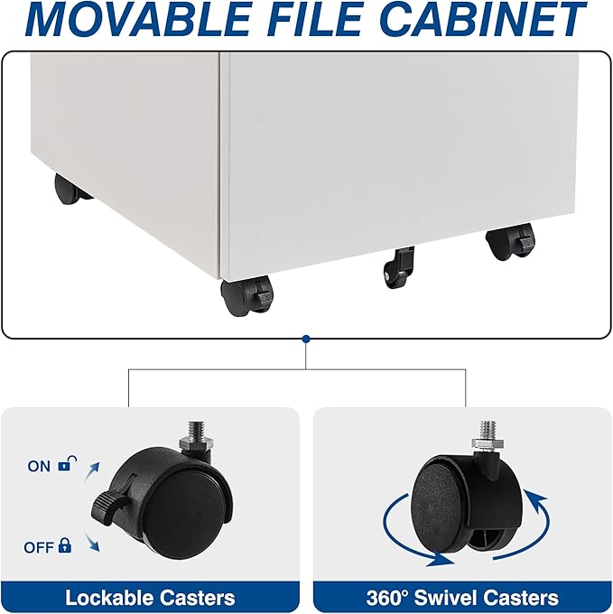 3 Drawer Vertical File Cabinets, Mobile Filling Cabinet with Lock for Legal/Letter Size, Pre-Built Office Storage File Cabinet with Wheels Under Desk - Fully Assembled