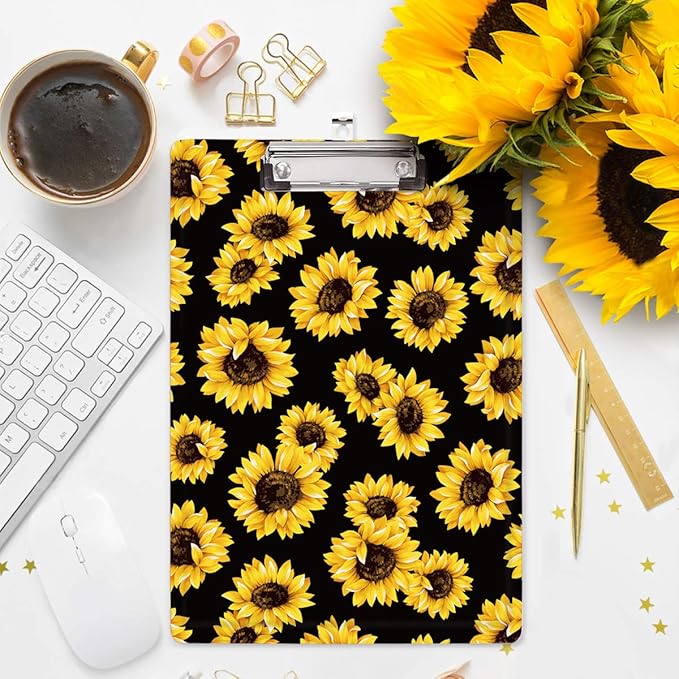 WAVEYU Clipboard, Cute Clipboard for Office, Decorative Clipboard with Low Profile Clip Design for Women Girl, Retractable Key Hole for Hanging Paperboard for Office School 12.5''x 9'', Sunflower