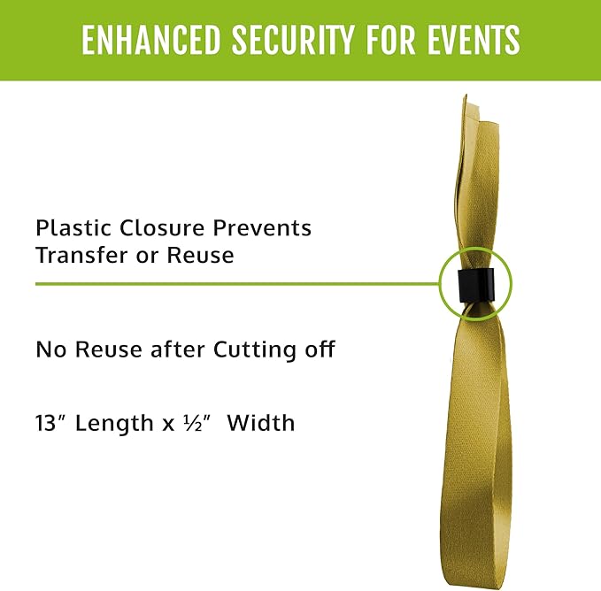 Wristco 100 Gold Cloth Event Wristbands – Plastic Closure to Prevent Transfer or Reuse – Premium-Grade Fabric Bracelets for Party Entry, Summer Camp, VIP Identification, Drink Ticket ID