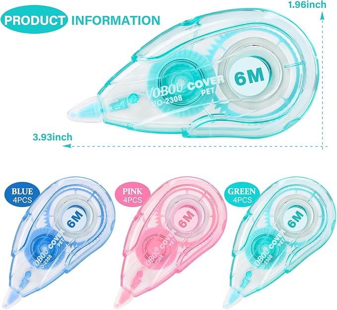 White Correction Tape, Easy To Use Applicator for Instant Corrections, For school, Office (Blue,Green,Pink, 12pack, 6M/256" x 0.2")