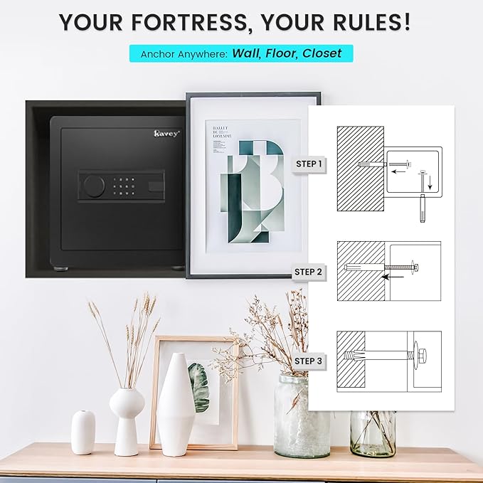 Kavey 1.6 Cub Safe Box, Home Safe with Backlit Touch Screen Keypad and Dual Alarm System, Money Safe With Mute Function and LED Light, Safe for Money Documents Valuables