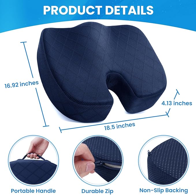 TushGuard Seat Cushion - for Office Chair, Car Seat, Airplane, Bleacher - Sciatica & Coccyx Pain Relief Desk Chair Cushion for Long Sitting Office Workers, Car Drivers(Blue, XX-Large)