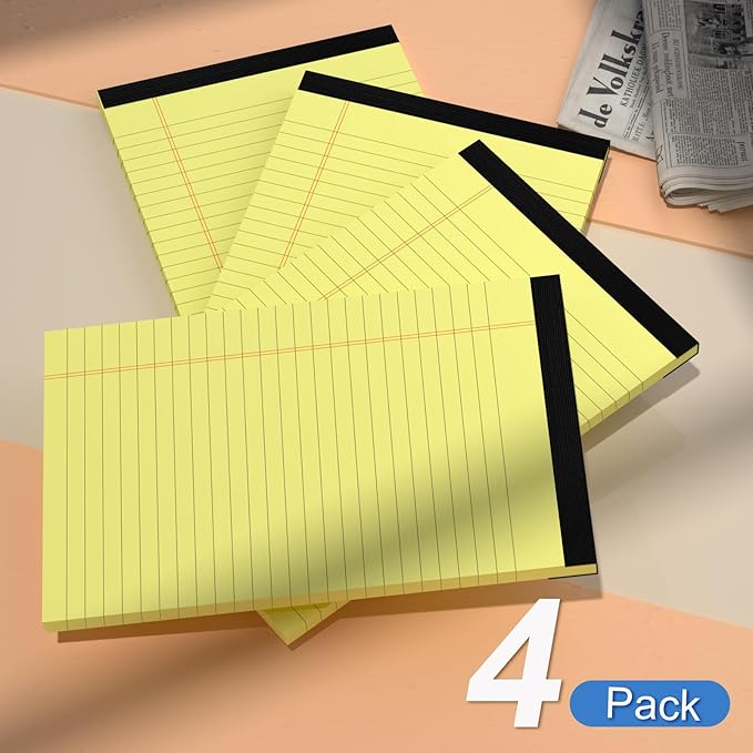 4 Pack Note Pads 5 x 8 Inch Yellow Legal Pads 5" x 8" College Ruled Writing Pads 80gsm Recycled Yellow Paper Notepad Small Legal Pads Perforated Pads of Paper 30 Sheets for To-Do Lists, Study, Office