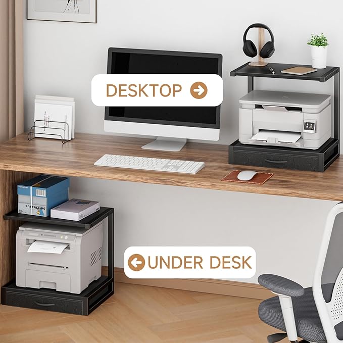 2-Tier Desktop Printer Stand with Fabric Drawer, Prtiner Table with Storage Shelf, Desk Organizer for Home Office,3D Printer,Fax Machine,Scanner, 17.3"x11.8" Black