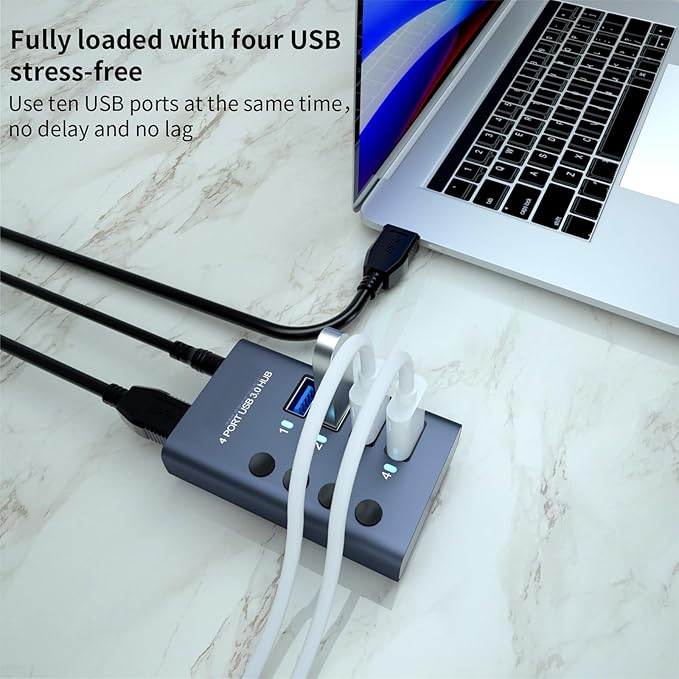 MaxLax 4 Port Aluminum USB 3.0 hub with 4 Port USB Data Transfer,36W (12V/3A) Power Adapter USB Splitter Independent Switch