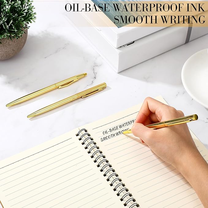 Fuutreo 12 Pack Wedding Gold Pens Bulk Gold Metal Pens Slim Ballpoint Retractable Ballpoint with Black Ink Mini Conical for Wedding Favors Guests, Office Business Teachers,1.0 mm