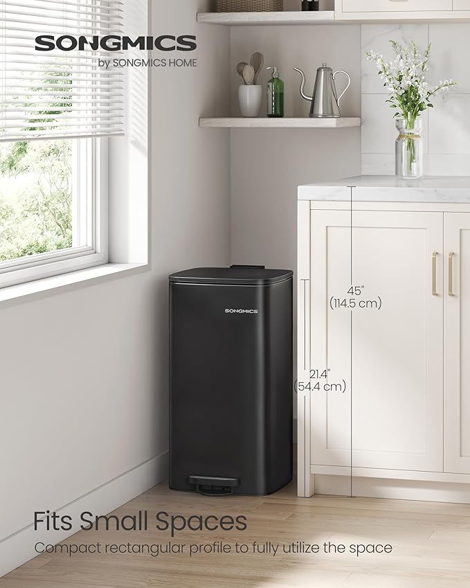 SONGMICS Kitchen Trash Can, 8-Gallon (30 L) Trash Bin, Stainless Steel Garbage Can, with Inner Bucket, Soft Close and Stays Open, Ink Black ULTB593B01