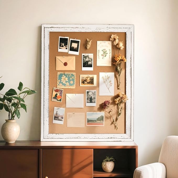 White Cork Board Bulletin Board, 24" x 18" Wooden Framed Corkboard for Office, Decorative Hanging Pin Board Vision Board for Office Home School Decor