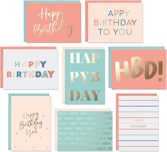 Set of 24 Gold Foil Bulk Birthday Cards Assortment – Bulk Happy Day pages with Envelopes Box Set – Assorted Blank celebration sheets for Women, Men, and Kids in a Boxed Card Pack