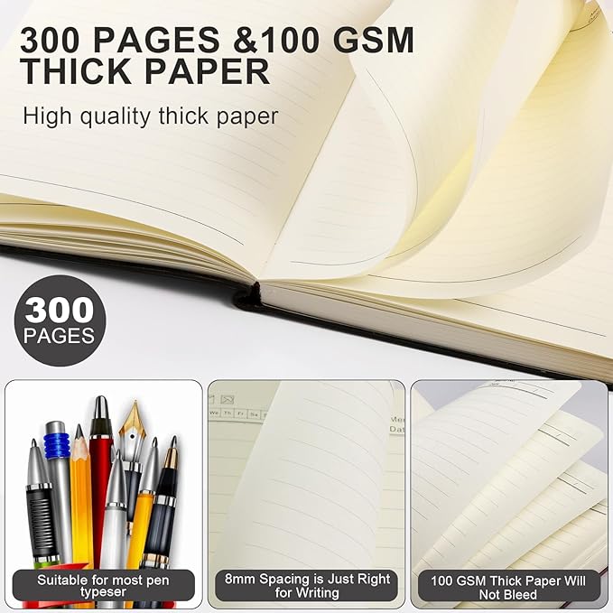 Aesthetic Lined Journal Notebook for Women,300 Pages Softcover Leather Lined Journal Notebook,300 Pages Daily Journal, College Ruled Notebook for Work School, Note Taking 5.75''X8.38'' Black