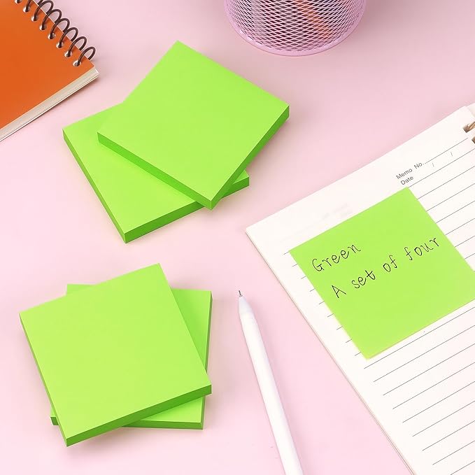 Sticky Notes 3x3 Self-Stick Notes Bright Colors Sticky Notes 4 Pads 100 Sheets/Pad (Green)