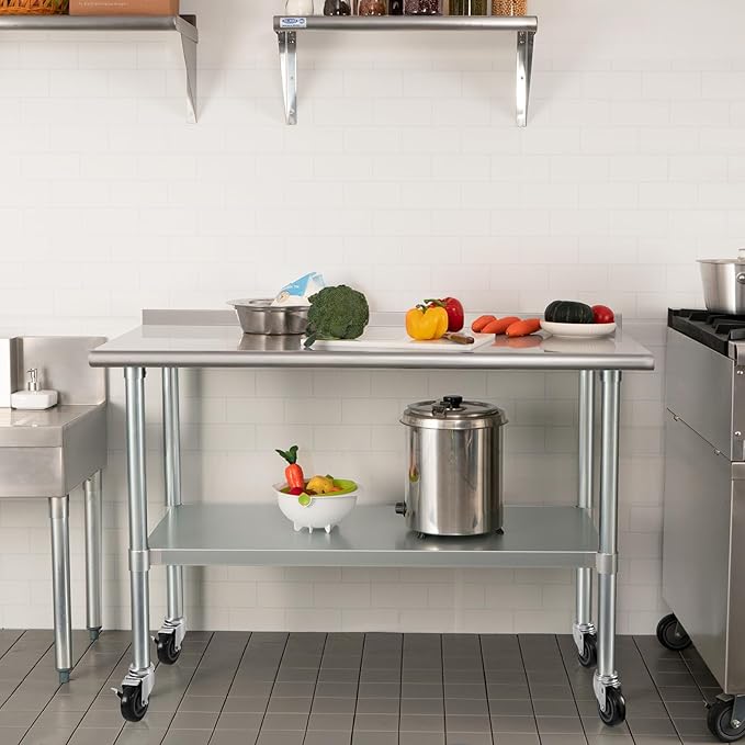 HARDURA Stainless Steel Table 24 x 72 Inches with Wheels Casters NSF Heavy Duty Commercial Prep Table with 2” Backsplash and Adjustable Undershelf for Restaurant Kitchen Home and Hotel