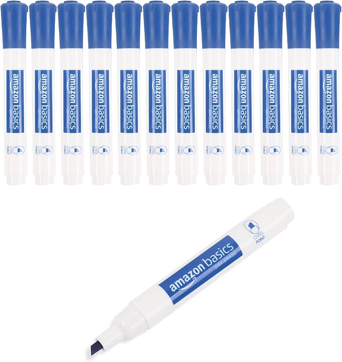 Amazon Basics Dry Erase Markers For Whiteboards, Chisel Tip, Low-Odor, Blue, Pack of 12