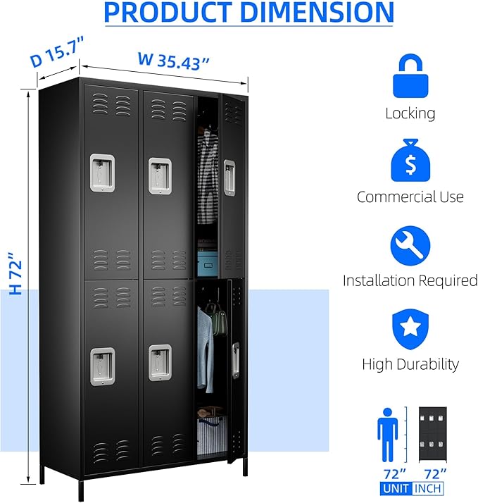6 Doors Metal Lockers for Employees with Lock, Metal Locker with 18 Hooks for School Garage Office Gym Home,Assembly Required,Black