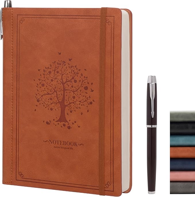 Lined Notebook Journal for Women Men 320 Pages A5 Hardcover Leather with Pen Holder College Ruled Journals for Work Note Taking Travel School Brown