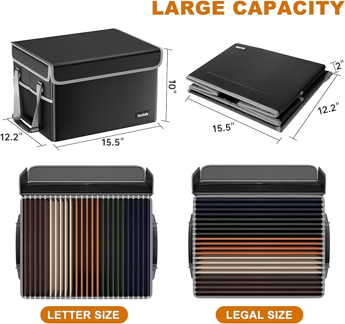 DocSafe File Box Fireproof File Storage Organizer Box with Lid,Collapsible Document Storage Filing Box for Hanging Letter/Legal Folder,Portable Home Office Safe Box Cabinet with Handle,Black,2 Pack